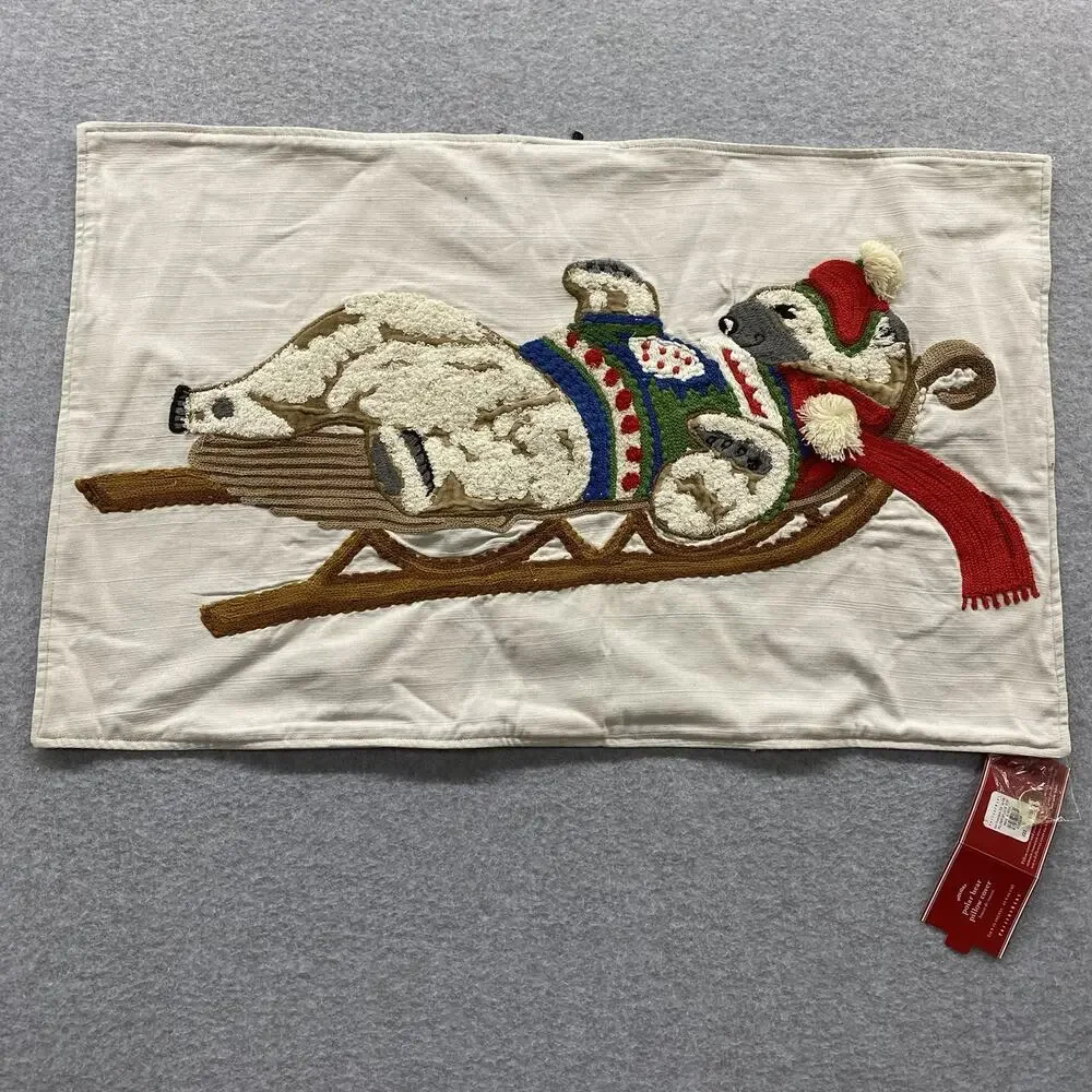 Pottery Barn Polar Bear Sled Lumbar Pillow Cover 16x26 Christmas Holiday NWT
